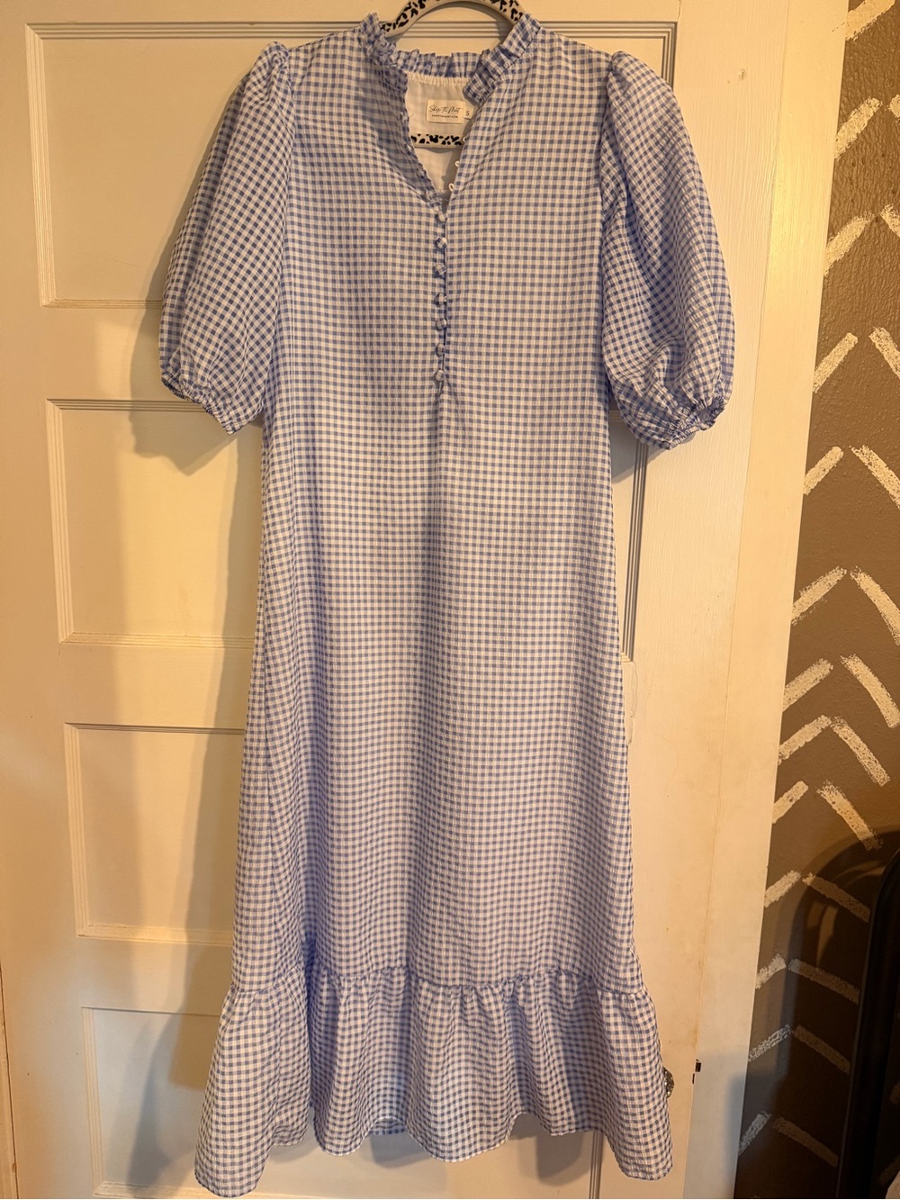 Puff Sleeve Gingham Midi Dress in Light Blue